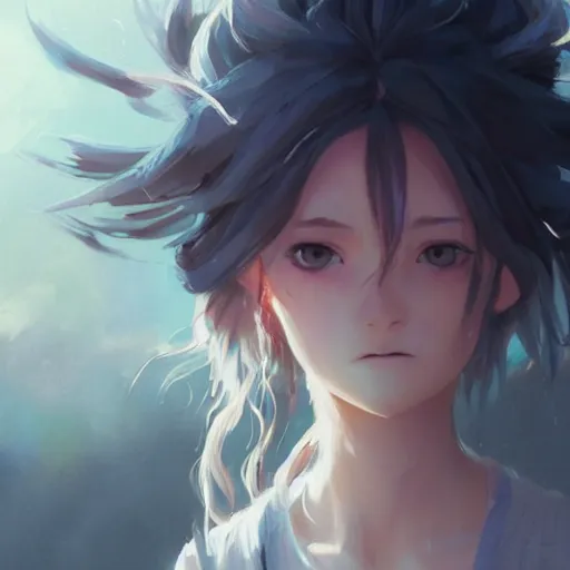 Image similar to girl sorcerer with white hair in a messy hairbun. cgsociety masterpiece, artstation trending, by rossdraws, ghibli, kimi no na wa, greg rutkowski, simon stalberg, greg manchess