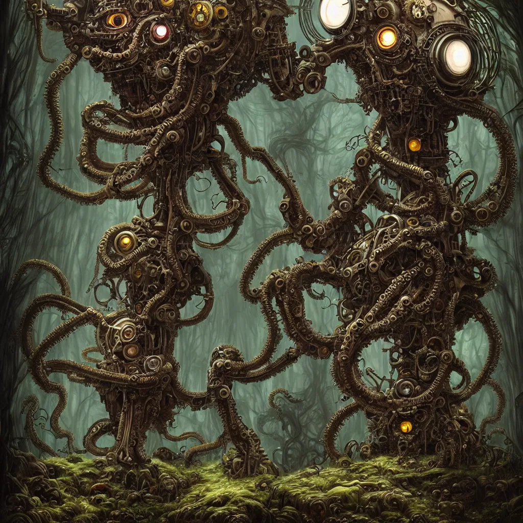 Image similar to biomechanical steampunk creature with robotic parts and big octopus head and (glowing) eyes guarding an ancient cave entrance with lush vegetation in a mystic forest, gothic and baroque, brutalist architecture, ultradetailed, creepy ambiance, fog, artgerm, giger, Intricate by Ellen Jewett and Josan Gonzalez and Giuseppe Arcimboldo