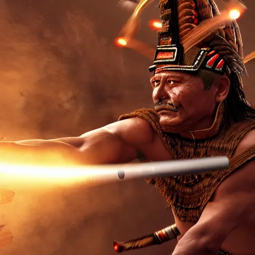 Image similar to a mayan warrior fighting a priest, high quality CG render, 4K