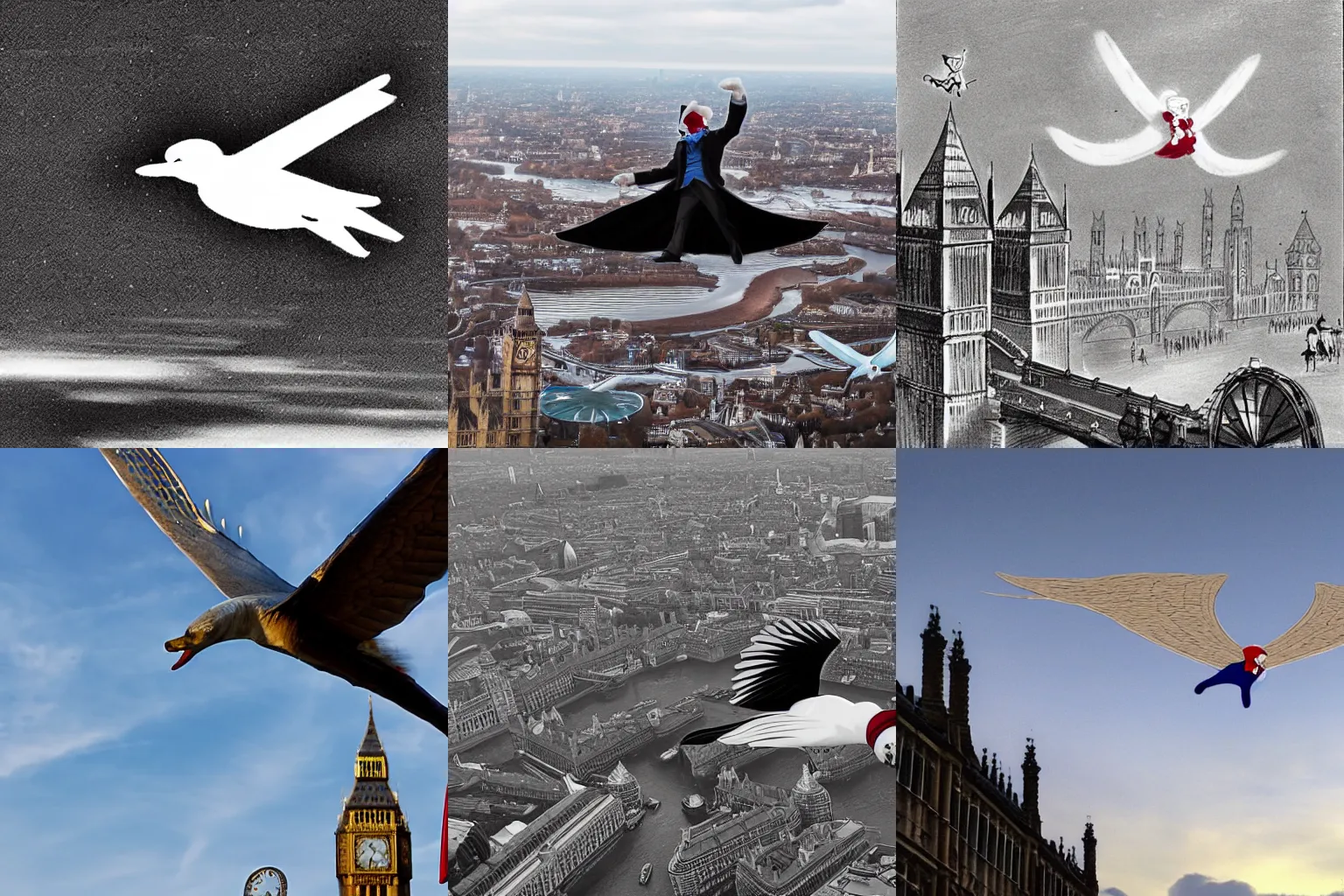 Prompt: scrooge flying over london