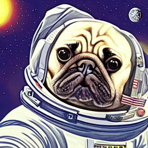 Image similar to hyper realistic, highly detailed, astronaut pug in space.