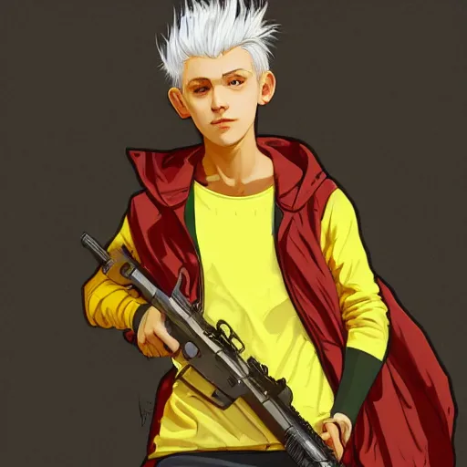 Image similar to detailed 2 d picture a boy with white hair, wearing yellow with red pattern hoodie holding a riffle in the style of artgerm and greg rutkowski and alphonse mucha