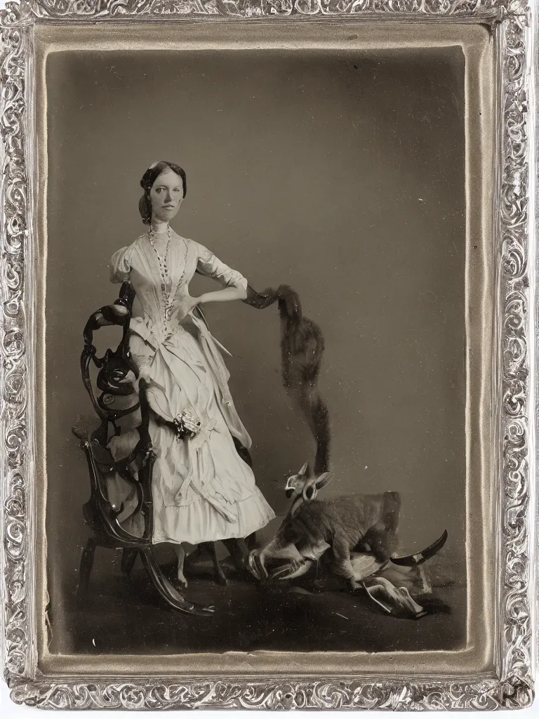 Prompt: portrait of a kangaroo dressed as a wealthy southern woman 1 8 5 0 s silver gelatin photo