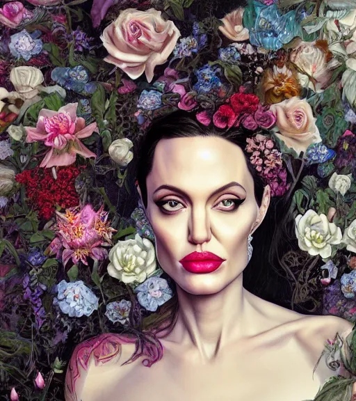 Image similar to portrait of the angelina jolie of the underworld, surrounded by flowers by karol bak, james jean, tom bagshaw, rococo, trending on artstation, cinematic lighting, hyper realism, octane render, 8 k, hyper detailed.