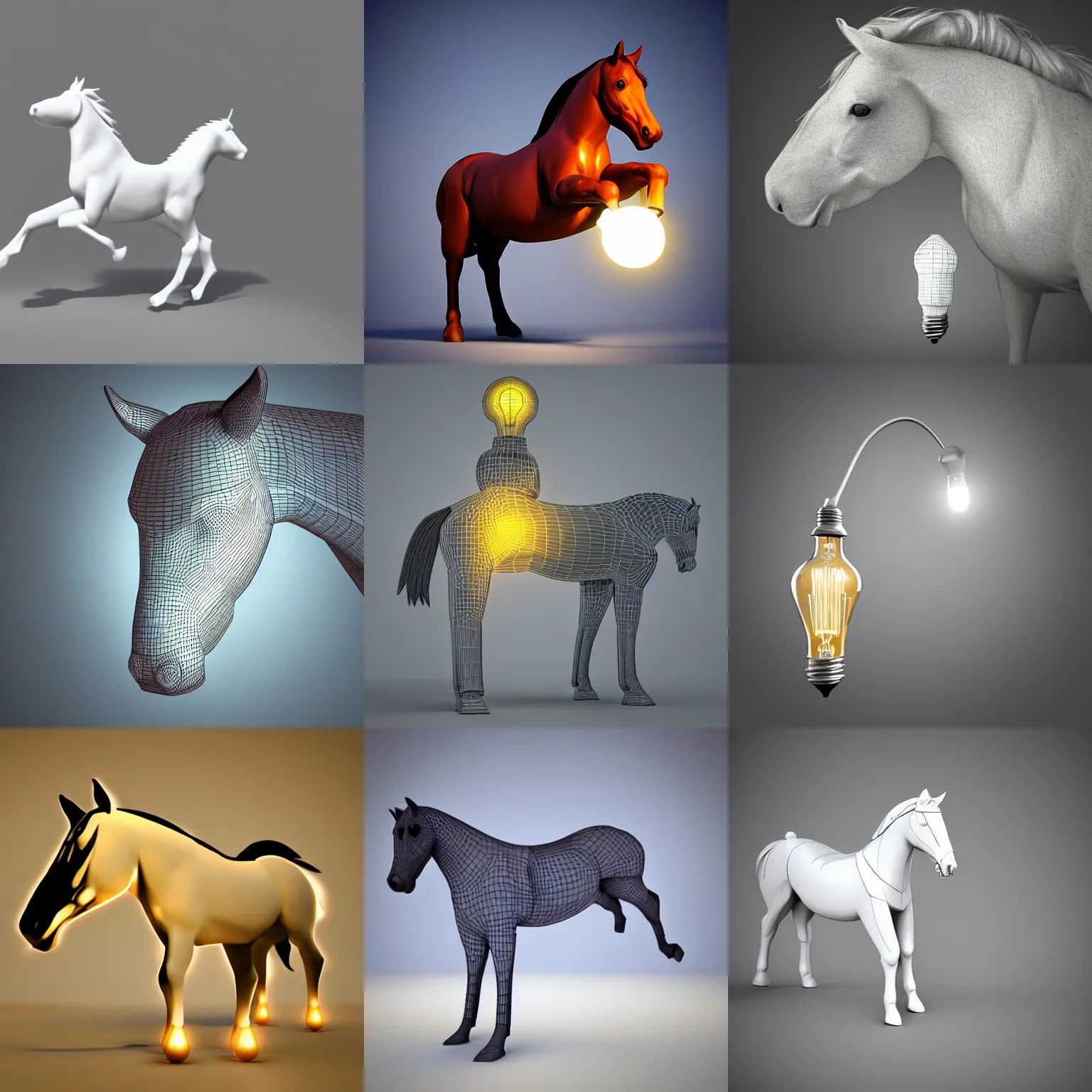 Prompt: 3D CGI horse with a lightbulb instead of a head