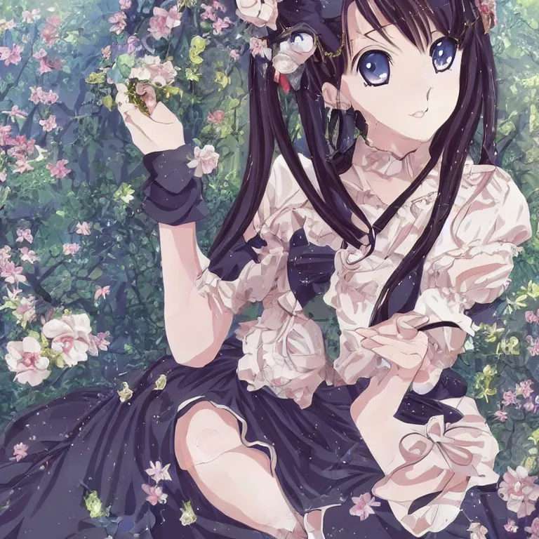 Prompt: beautiful illustration of anime maid, stunning and rich detail, pretty face and eyes