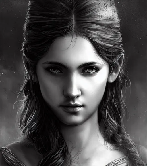 Image similar to beautiful young aphrodite goddess as an archer warrior, realistic face, beautiful eyes, black and white drawing, in the style of greg rutkowski, fantasy, amazing detail, epic, intricate, elegant, smooth, sharp focus