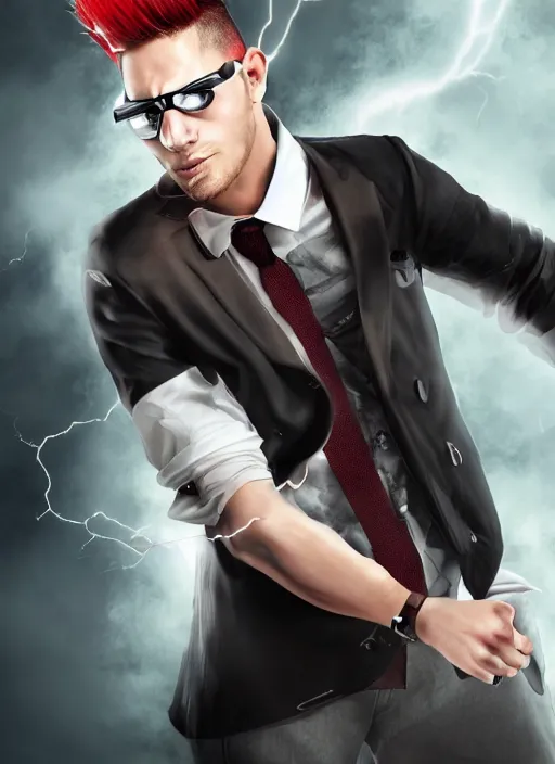 Image similar to photorealistic young man with red spiked long hair, using googles. Wearing black waistcoat, white shirt. dynamic lightning.