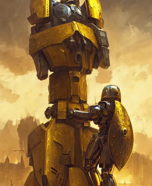 Image similar to human-sized strong intricate yellow pit droid holding large paladin medieval shield!!! and a long medieval engraved powerful great sword, pancake short large head painterly humanoid mecha, beautiful fantasy background by Greg Rutkowski