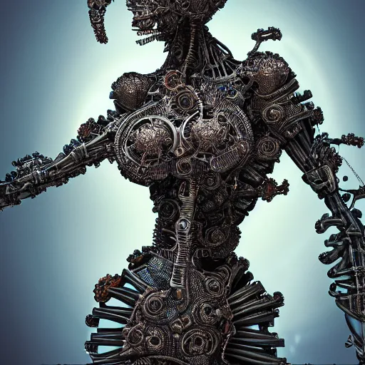 Prompt: a highly detailed photograph of a cyborg, biomechanical sculpture, mandelbrot fractal, intricate, ornate, elegant, luxurious, beautifully lit, ray traced, octane 3D render in the style of Gerald Brom and Ted Nasmith - H 1280