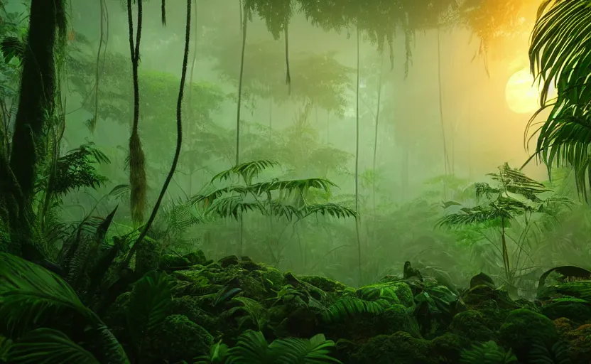 Image similar to a beautiful render of a prehistoric rainforest, lush flora, dark green, orange, intricate detail, sunset, hazy, volumetric lighting, 8 k, photorealistic, raytracing effects, unreal engine 5