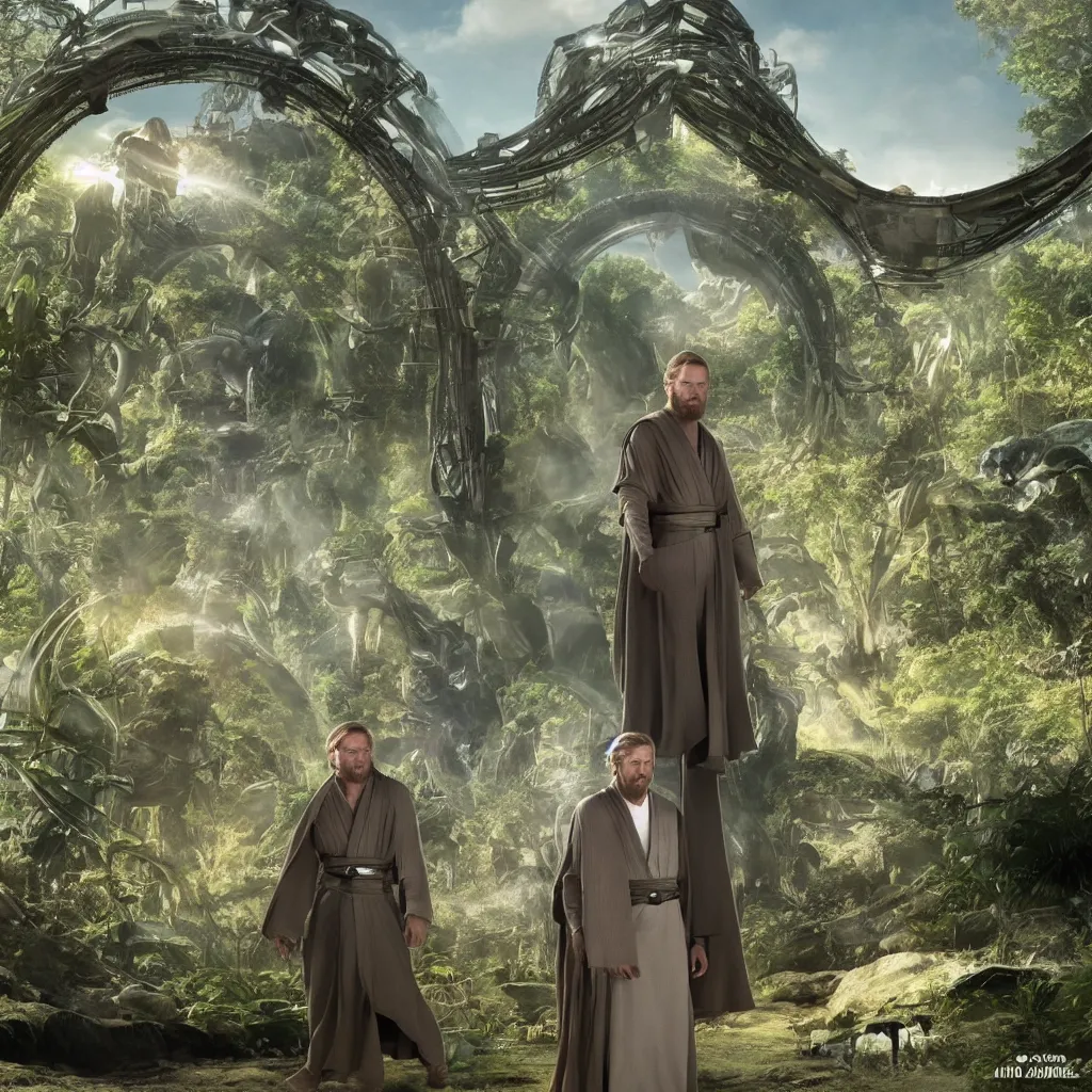 Prompt: obi wan kenobi stands in front of a stargate, alien jungle in the background