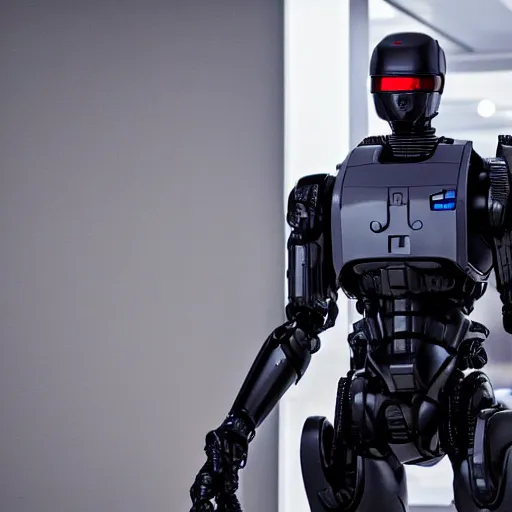 Prompt: black coated ED-209 from robocop, dslr photo