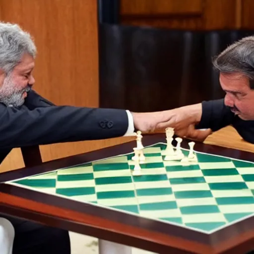 Prompt: photo of luis inacio lula da silva and jair bolsonaro playng chess, detailed 4 k