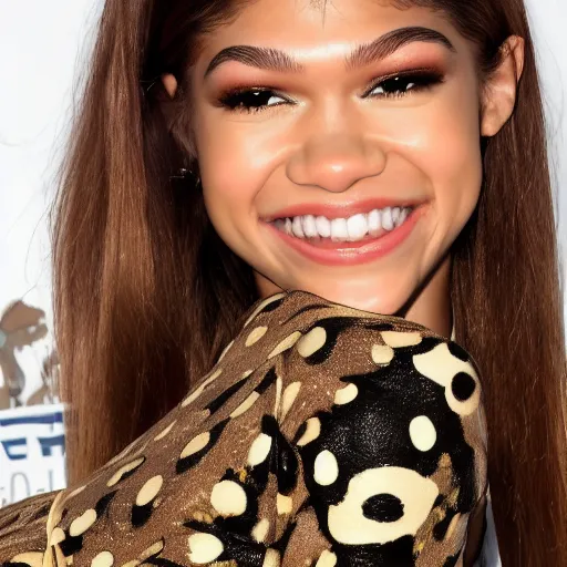 Image similar to ZENDAYA WITH A FROG'S BODY, frog arms frog legs frog torso frog spots, 4k PHOTOGRAPHY ,