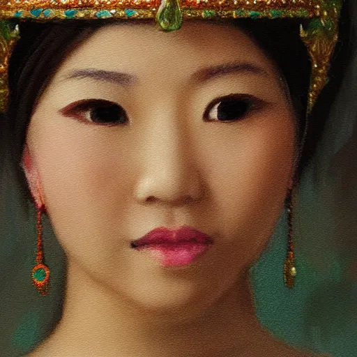 Image similar to Close-up of a young asian woman’s face wearing jewelry and a crown, low light and soft focus, painting in the style of Wlop