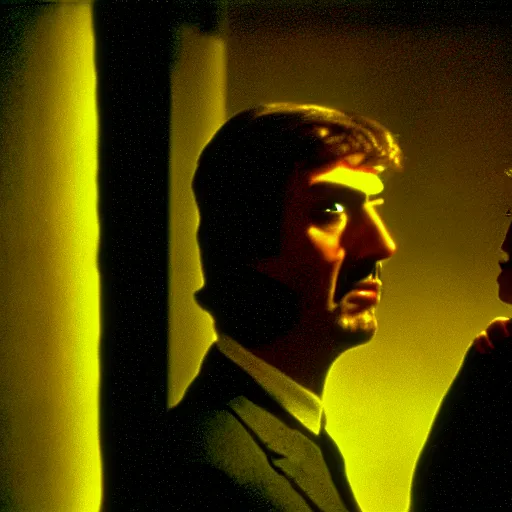 Image similar to a man and a robot in a moment of jealousy, movie still, Movie by Andrzej Zulawski and David Lynch