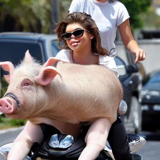 Prompt: sarah hyland riding on the back of a pig in traffic