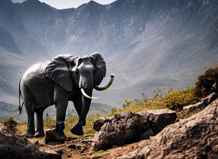 Prompt: dslr photo still of an elephant jumping from a mountain, 4 k, 1 2 0 mm f 1 6