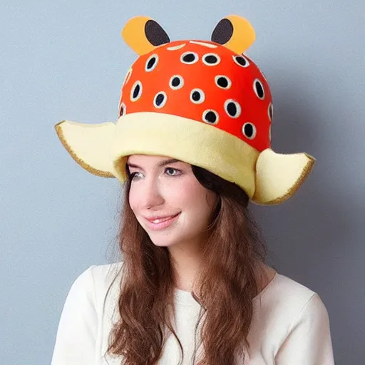 Image similar to cheese head hat fashion with cows popping out of the holes very detailed, hyper realistic