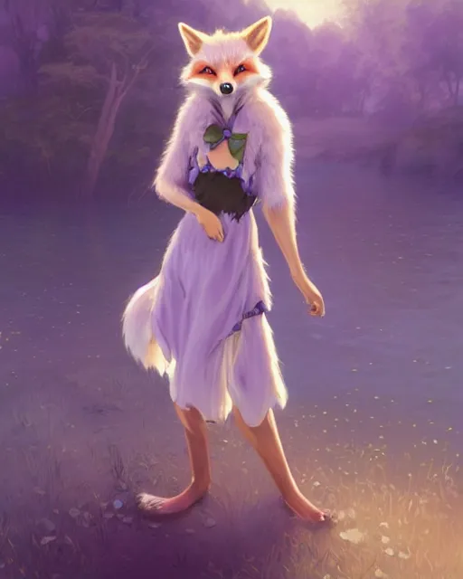 Prompt: an anthropomorphic fox girl with purple hair wearing a simple sundress, this fox has a pronounced snout and two pointed black ears, beautiful lake background, illustration by greg rutkowski, thomas kindkade, loish, artstation, furaffinity, deviantart