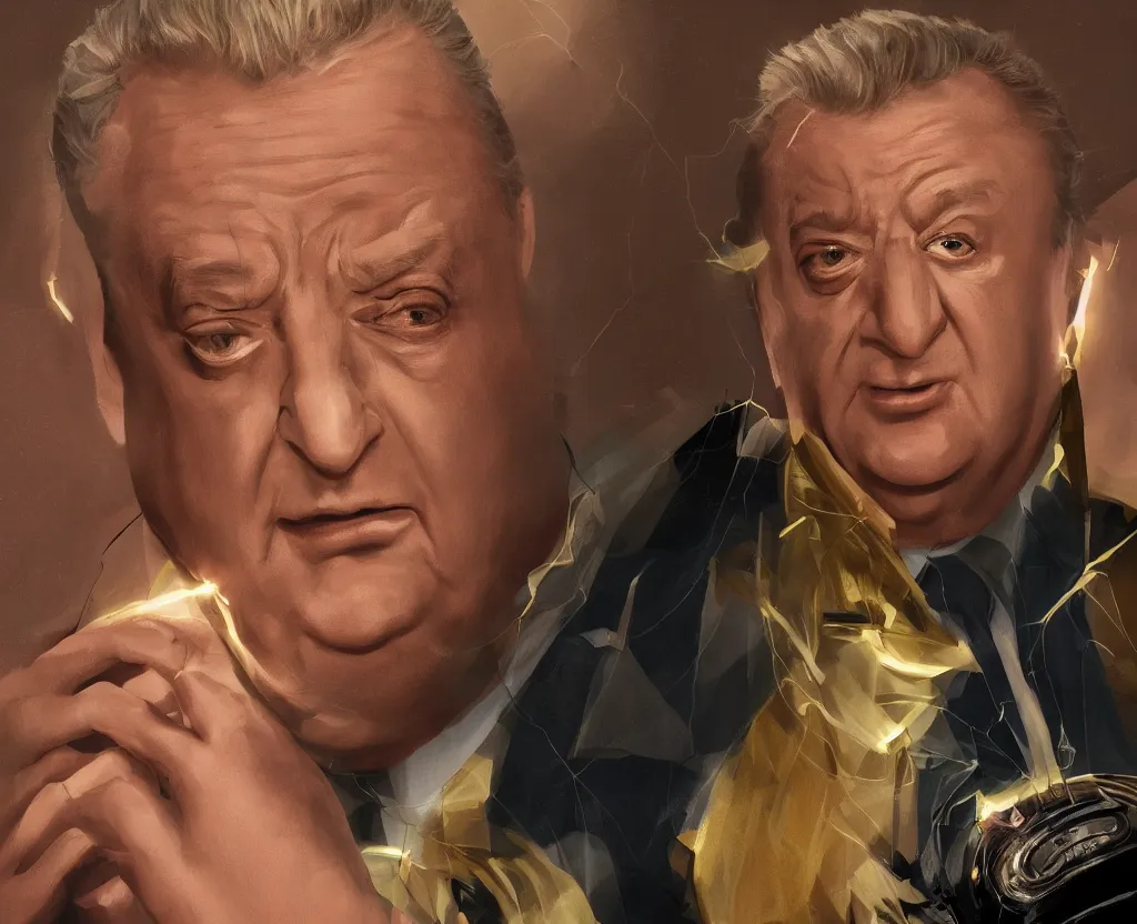 Image similar to dramatic portrait of Rodney Dangerfield from above the law, bloomed lighting, angelic, futuristic, beautiful colors, slightly golden, very sharp likeness, very detailed, chopping hands, electrical details, cinematic lighting high details, 4k, 8k, trending on artstation, ultra-realism