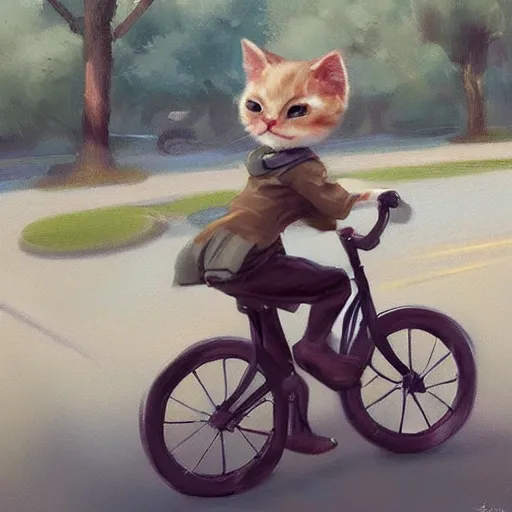 Image similar to Masterpiece portrait of cute cat riding a bicycle, digital art by Krenz Cushart, trending on artstation