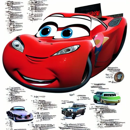 Prompt: medical illustrations of a car from cars movie