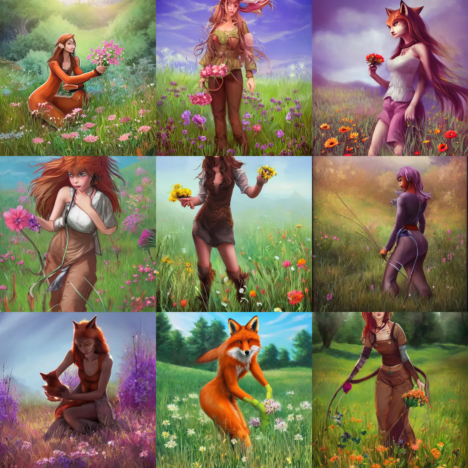 Prompt: Anthro foxwoman picking flowers in a meadow, Artgerm