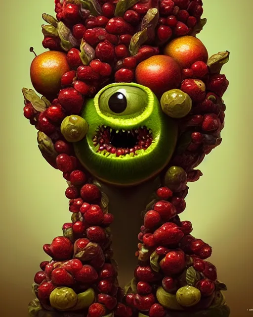 Image similar to portrait of a fruit figurine monster made of different fruit, staring eyes, open mouth, forest background, sunlight, concept art, oil painting, highly detailed, dramatic lighting, hyperrealistic, 8 k, smooth, intricate, artstation, cgsociety, by artgerm, by wlop