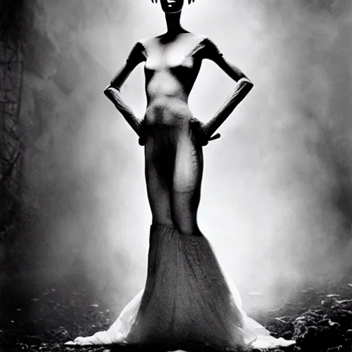 Prompt: supermodel bride of frankenstein in silent hill, steven meisel photography