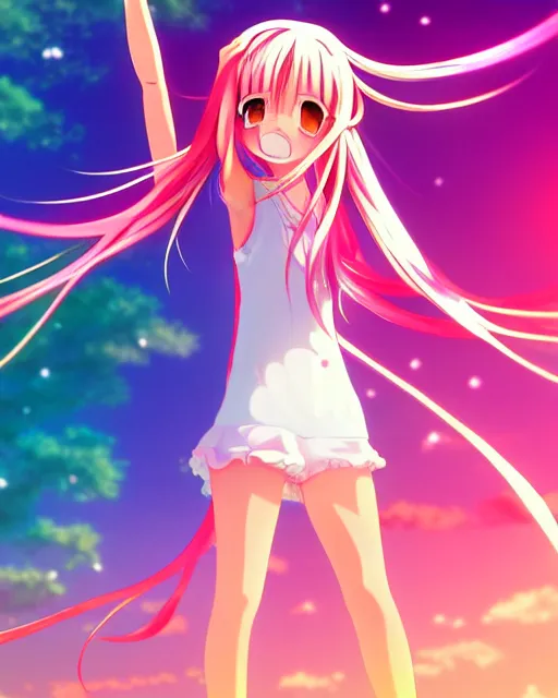 Image similar to anime style, vivid, colorful, full body, a cute girl with white skin and long pink wavy hair singing a song, heavenly, stunning, realistic light and shadow effects, happy, centered, landscape shot, happy, simple background, studio ghibly makoto shinkai yuji yamaguchi