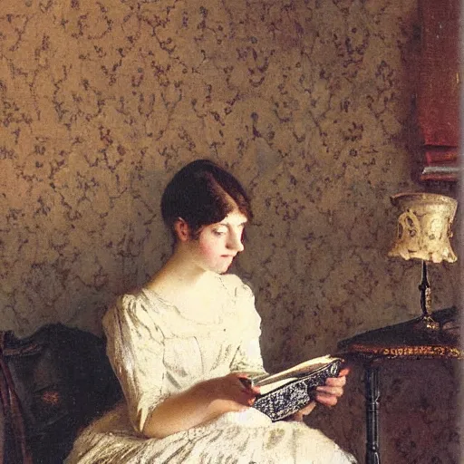 Prompt: young victorian lady being scared by the book she is reading, painted by alfred stevens