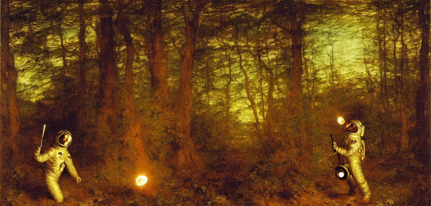 Image similar to an astronaut is in the woods, holding a torch ， by george frederick watts 1 8 8 6