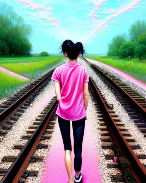 Image similar to photo of a girl with black hair in a ponytail and dressed in a green shirt and pink shorts walking along train tracks stretching out toward the horizon that are submerged under a few inches of water, intricate, elegant, highly detailed, digital painting, artstation, concept art, smooth, sharp focus, illustration, art by artgerm and greg rutkowski and fra angelico