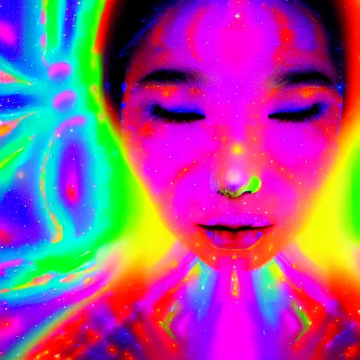 Image similar to a digital painting of a woman's face with colorful lights in the background, a hologram by li shida, featured on pixiv, holography, irridescent, holographic, psychedelic