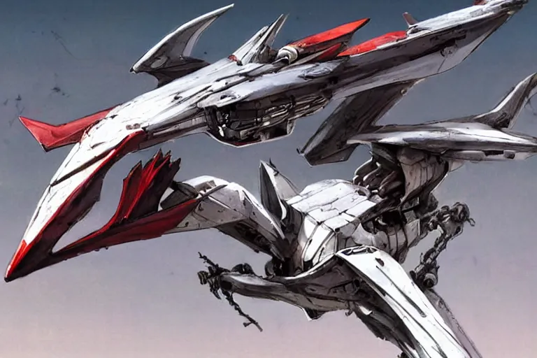 Image similar to a pteranodon mecha interceptor, white john berkey armor panels, wine-red and grey trim, robotech styling, with white Kanji markings outlined in black, boeing concept art painting, cinematic lighting, amazing lifelike cinematic photo render