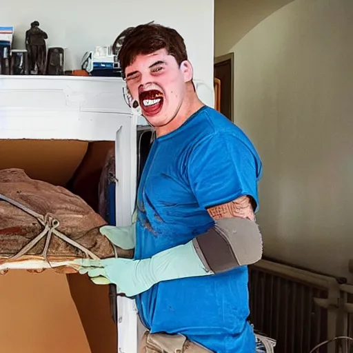 Image similar to mr beast enthusiastically filling a house with dead bodies