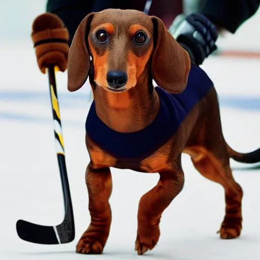 Image similar to dachshund wearing hockey gear