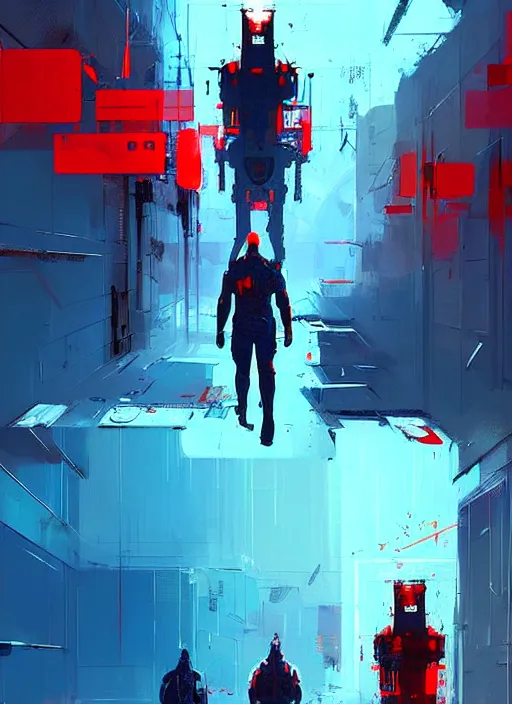 Image similar to sci - fi art, dolph lundgren as armored warrior, blue and red corridors in the background, art by ismail inceoglu