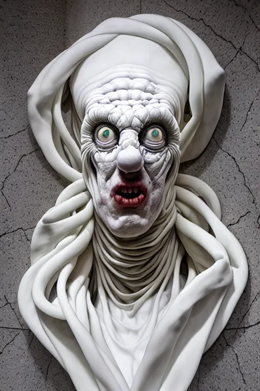 Prompt: Epic view of intricate Veiled Clown with twisted neck statue sculpted on white marble by Antonio Corradini, Wayne Barlowe and Artem Demura