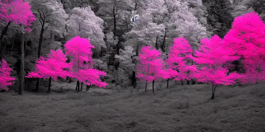 Prompt: pink infrared photography of a forest, ir 5 5 0 nm, kolari