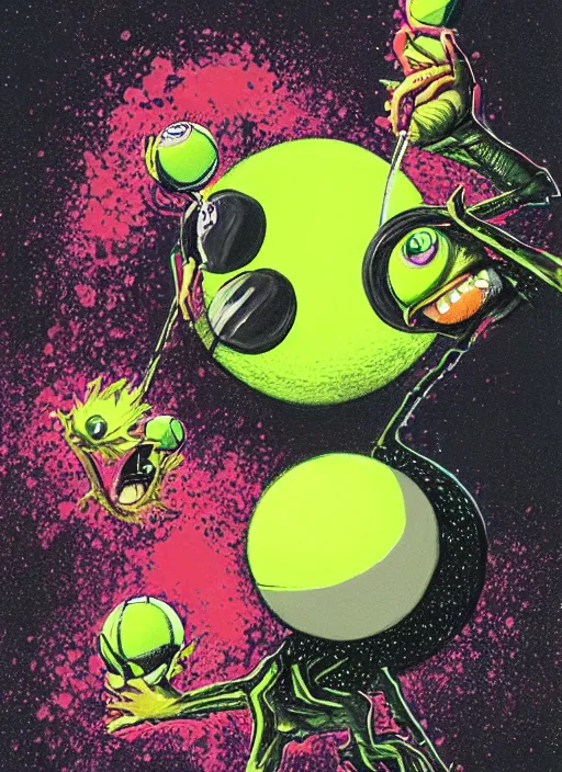 Image similar to tennis ball monsters playing tennis, a tennis ball monster ,tennis ball, Sci fi, lasers, digital art, fantasy, magic, trending on artstation, ultra detailed, professional illustration,chalk, poster artwork by Basil Gogos , clean