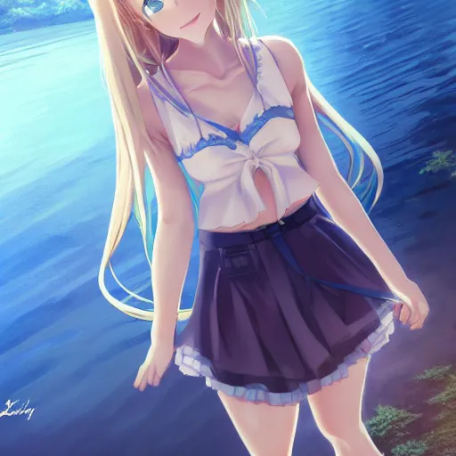 Image similar to a very beautiful anime cute girl, full body, long wavy blond hair, sky blue eyes, full round face, short smile, fancy top, miniskirt, summer lake setting, medium shot, mid-shot, highly detailed, cinematic wallpaper by Stanley Artgerm Lau