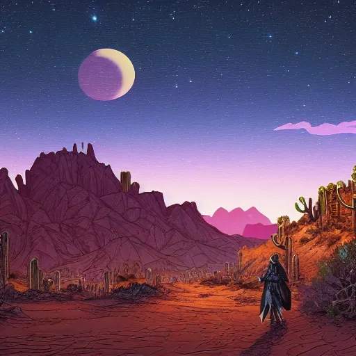 Prompt: mysterious desert at night, watefall and mountains on background, little abandoned village on foreground, by dan mumford and sandra chevrier, 4 k