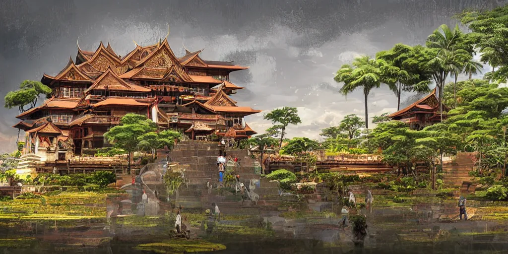 Image similar to Sprawling imposing grand royal Filipino palace with a grand staircase leading up the palace, 6 storeys, native Filipino architecture, located atop a rice field in a valley, beside a great chasm, digital painting, concept art by Shaddy Safadi