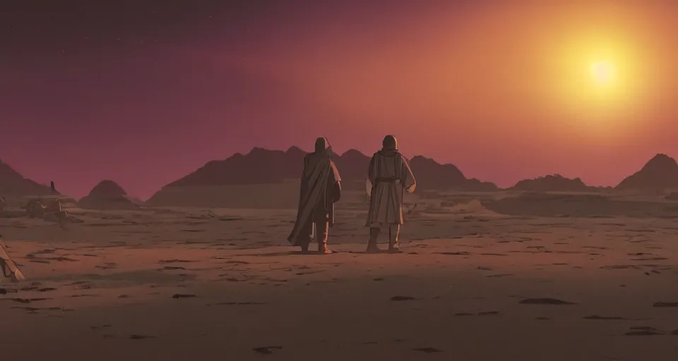 Prompt: beautiful wide shot tatooine landscape, obi wan kenobi, Luke skywalker, land-speeder, Star Wars a new hope 1977, studio ghibli, Miyazaki, Greg rutkowski, Jean girard, Moebius , animation, golden hour, highly detailed, hdr, vivid color, 70mm