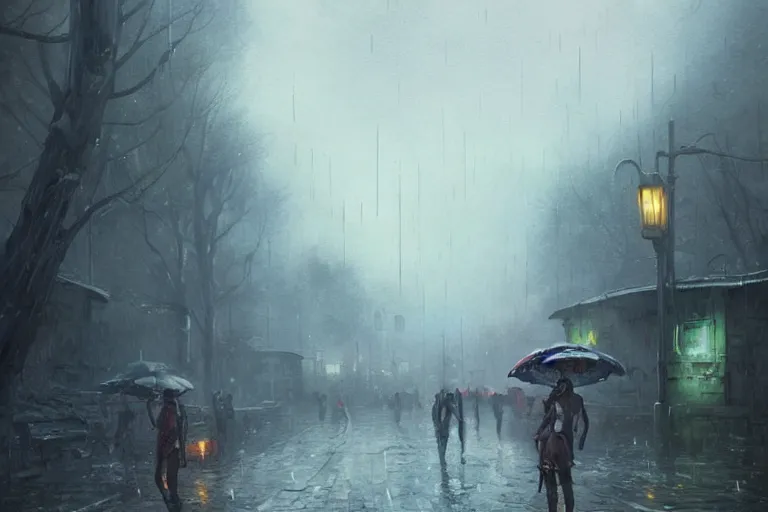 Image similar to alien village raining, oil painting, Greg Rutkowski, digital art, 8k, trending on artstation