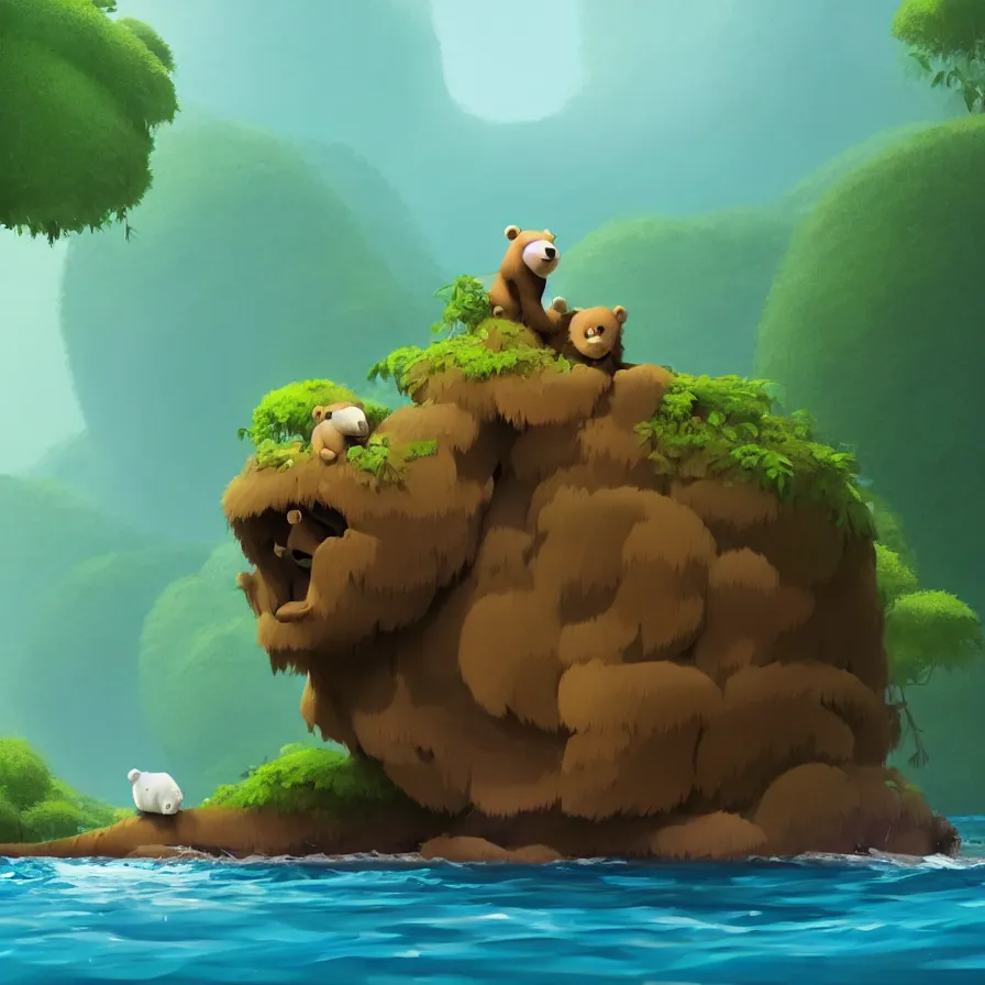 Prompt: A single bear atop a loose log navigating a deep blue river through the jungle, jungle, art by Goro Fujita, ilustration, concept art, sharp focus, ArtStation, Deviantart