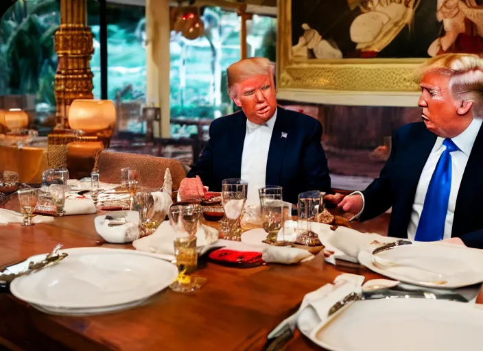 Image similar to Trump and Biden having dinner at a fancy Balinese restaurant, award winning cinematic photography, 50 mm, blurred background, trending on twitter